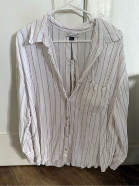 American Eagle White Button-Up Top with Light Brown Stripes